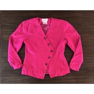 CHAR Jacket Pink Silk Asymmetrical V Neck Rhinestone Dice Buttons Vintage 4